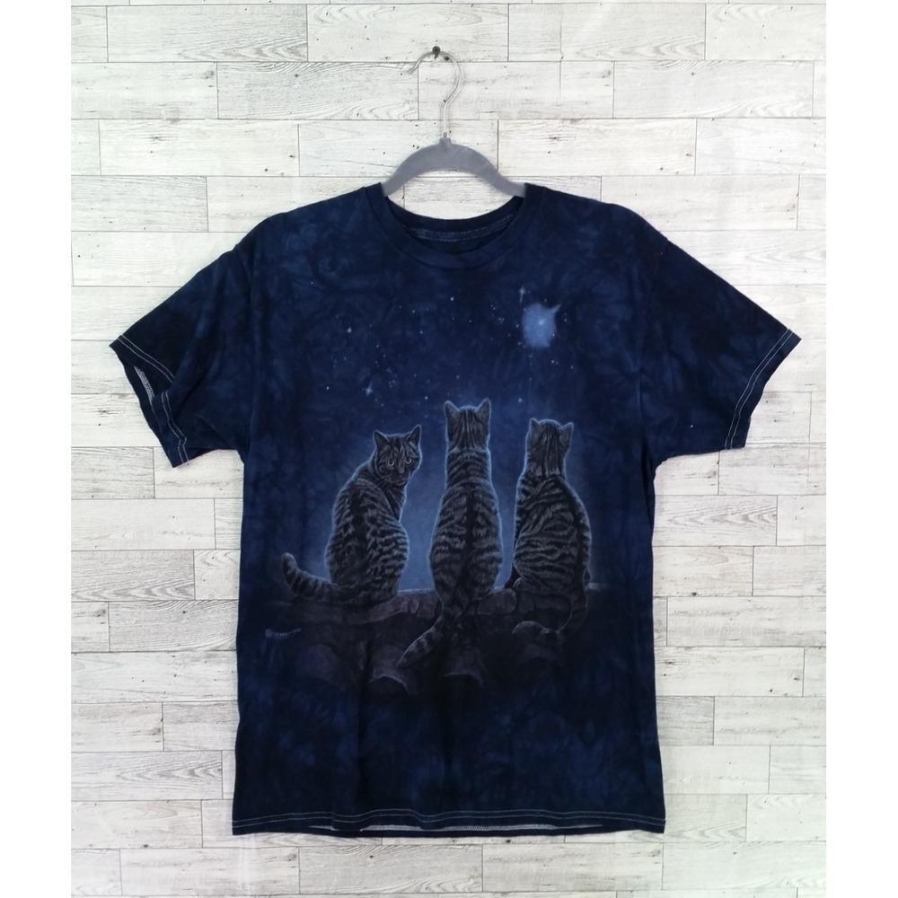 The Mountain 3D Tees Cat Galaxy Space Men's Blue T-Shirt Size Medium M